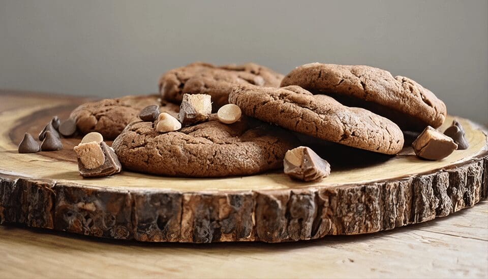 Chocolate peanut butter cookies on a wooden plate.